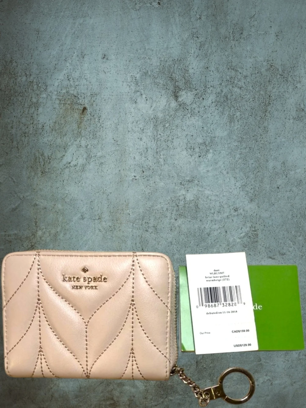 NWT Kate Spade Briar Lane Quilted Zip Card Holder Warm Beige Leather Wallet